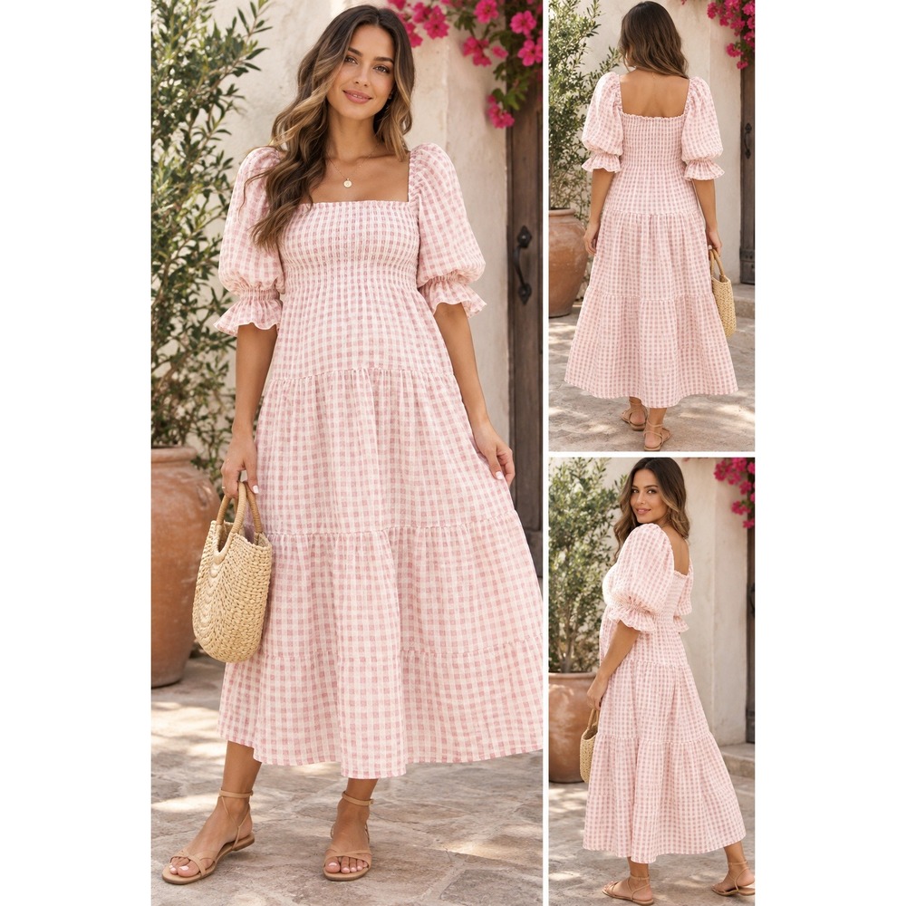 Nothing Fits But Kiko Pink Gingham Maternity Smocked Midi Dress Size Small